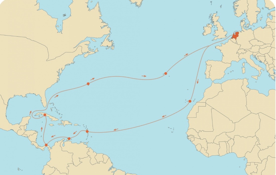 Kaart van de School at Sea-route over de Atlantische Oceaan